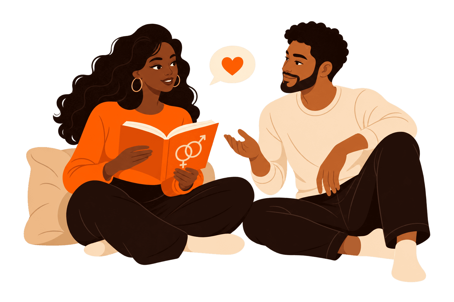 Two adults sharing a book and an open conversation about intimacy.
