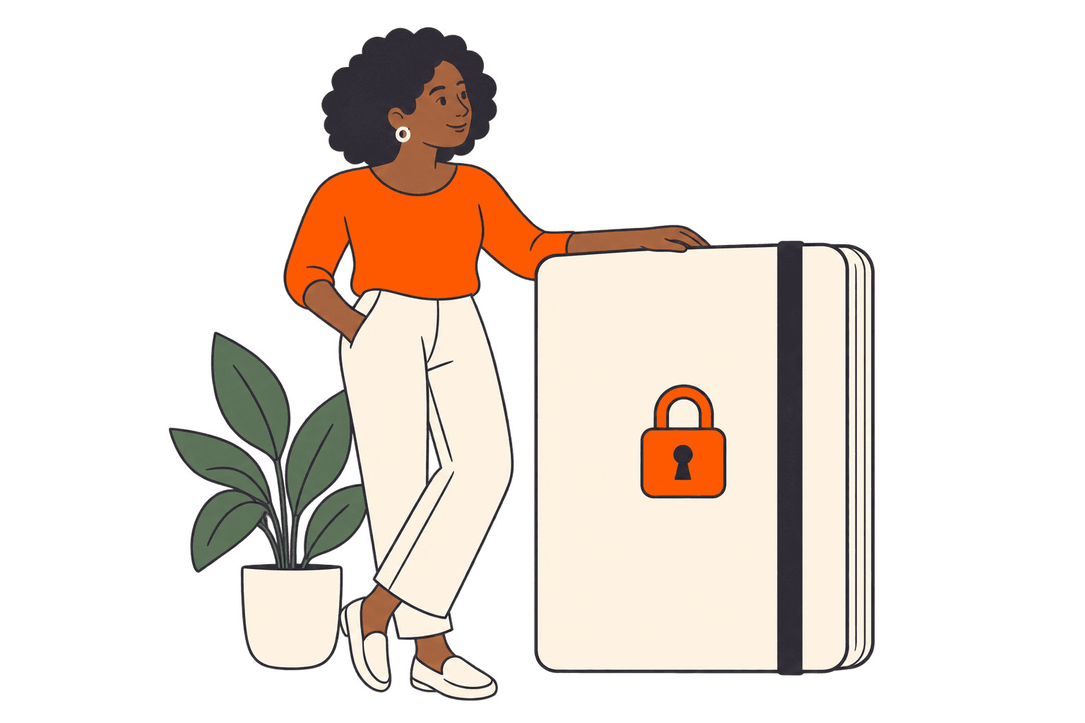 A person beside a closed journal with a padlock.